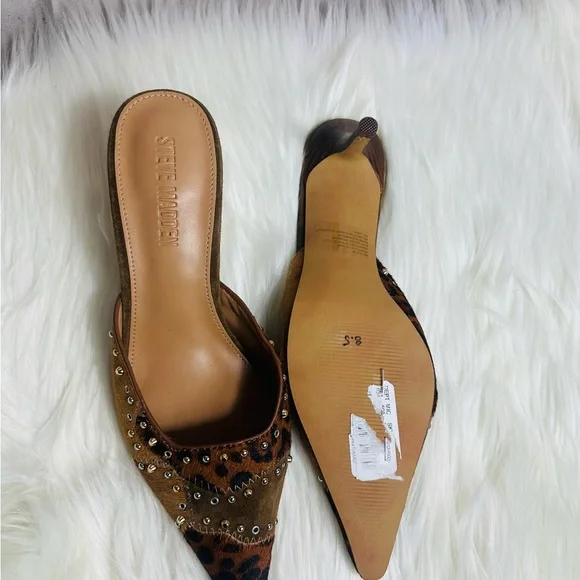 Steve Madden Leopard Print & Tan Studded Pointed Mule Heels - Picture 8 of 10